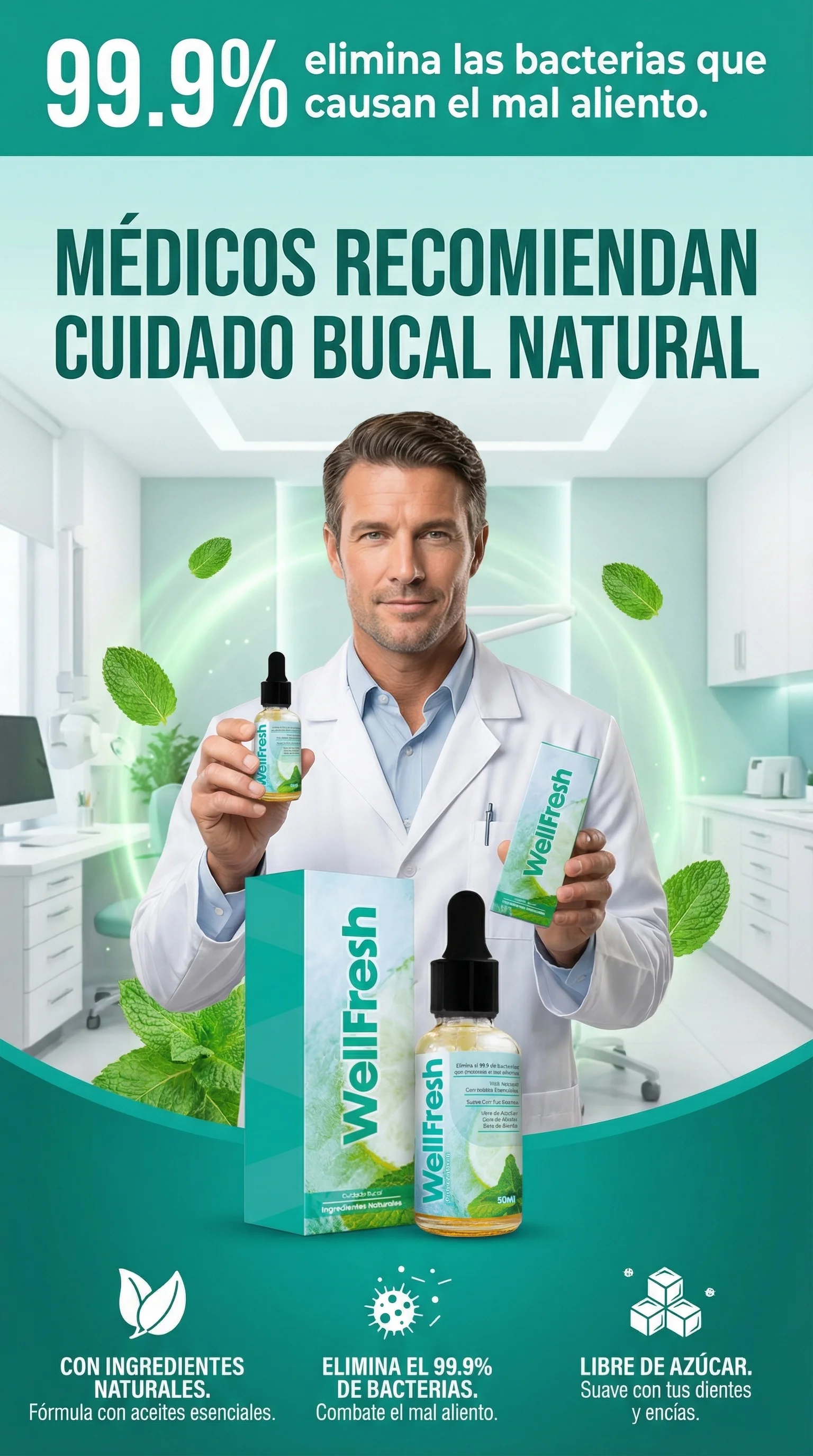 99.9% elimina las bacterias que causan el mal aliento. Médicos recomiendan cuidado bucal natural WellFresh.